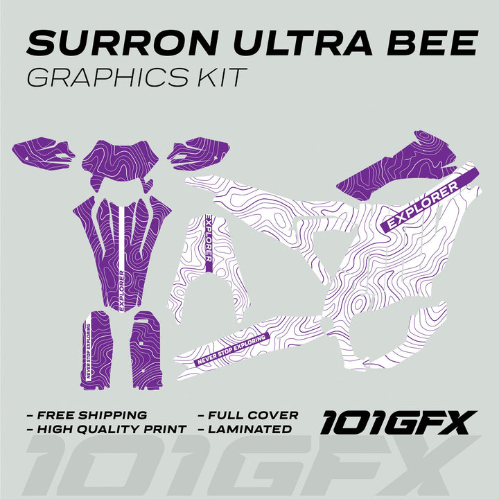 Surron Ultra Bee Graphics Kit EXPLORER WHITE PURPLE Explore Altitude Decals Stickers Laminated eBike Sur-Ron Ultra Decals Wrap Protection
