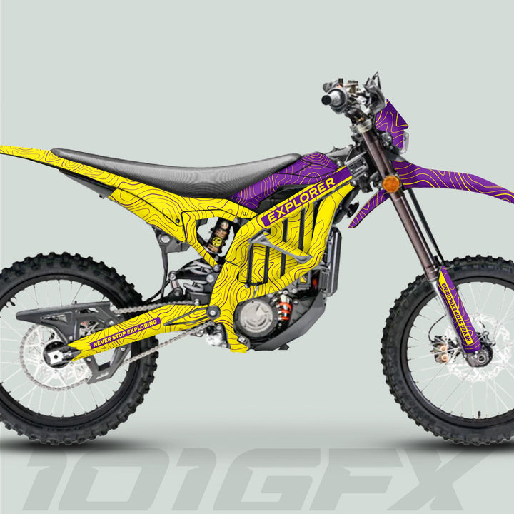 Surron Ultra Bee Graphics Kit EXPLORER YELLOW PURPLE Explore Altitude Decals Stickers Laminated eBike Sur-Ron Ultra Decals Wrap Protection