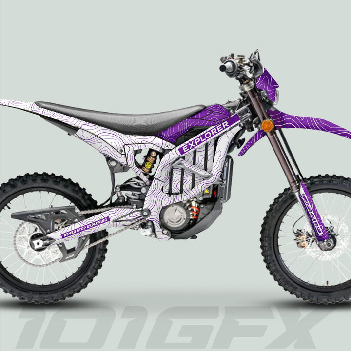 Surron Ultra Bee Graphics Kit EXPLORER WHITE PURPLE Explore Altitude Decals Stickers Laminated eBike Sur-Ron Ultra Decals Wrap Protection