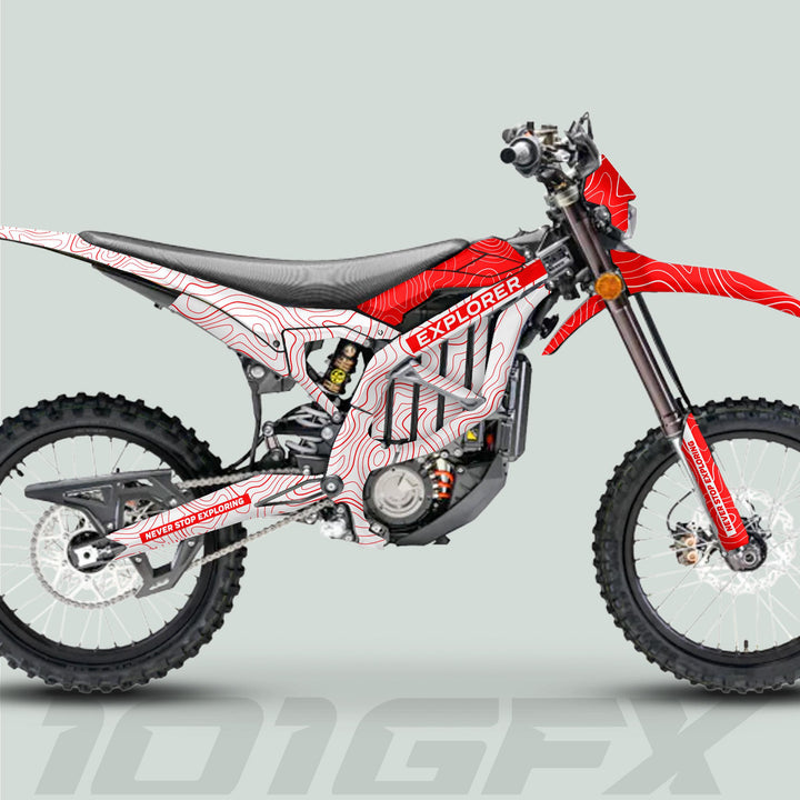 Surron Ultra Bee Graphics Kit EXPLORER WHITE RED Explore Altitude Decals Stickers Laminated eBike Sur-Ron Ultra Decals Wrap Protection