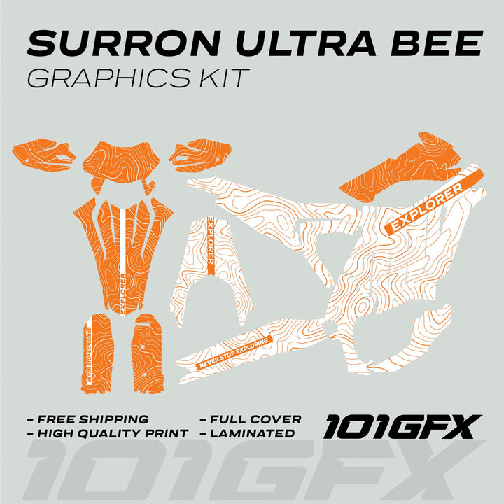 Surron Ultra Bee Graphics Kit EXPLORER WHITE ORANGE Explore Altitude Decals Stickers Laminated eBike Sur-Ron Ultra Decals Wrap Protection