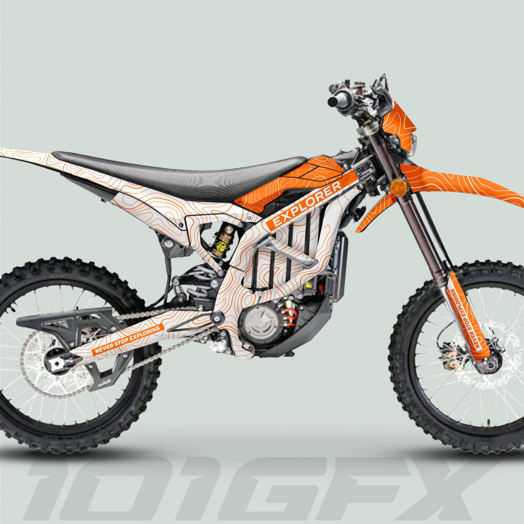 Surron Ultra Bee Graphics Kit EXPLORER WHITE ORANGE Explore Altitude Decals Stickers Laminated eBike Sur-Ron Ultra Decals Wrap Protection