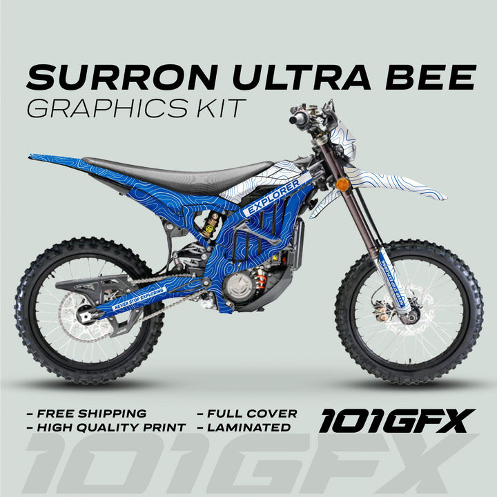 Surron Ultra Bee Graphics Kit EXPLORER BLUE WHITE Explore Altitude Decals Stickers Laminated eBike Sur-Ron Ultra Decals Wrap Protection