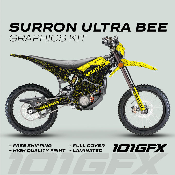 Surron Ultra Bee Graphics Kit EXPLORER BLACK YELLOWExplore Altitude Decals Stickers Laminated eBike Sur-Ron Ultra Decals Wrap Protection