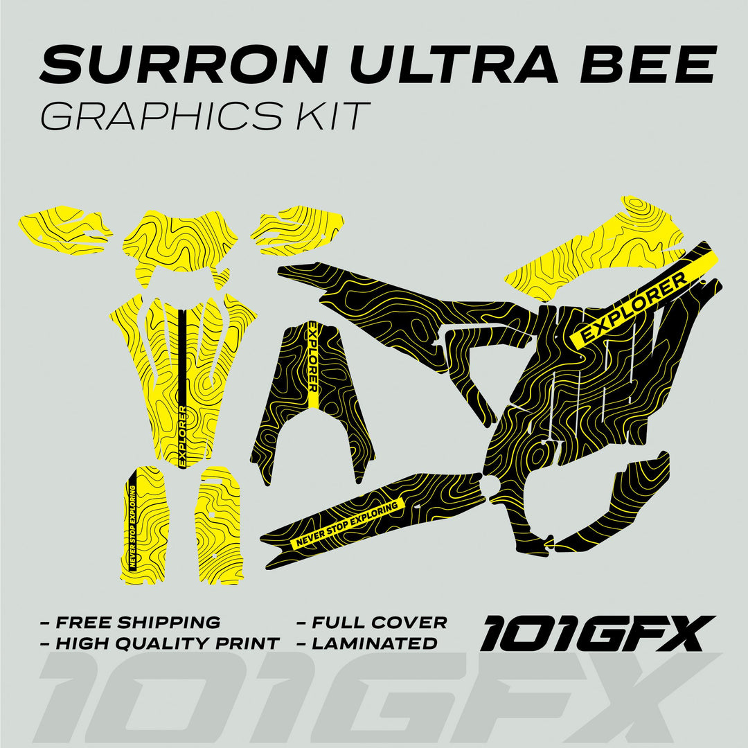 Surron Ultra Bee Graphics Kit EXPLORER BLACK YELLOWExplore Altitude Decals Stickers Laminated eBike Sur-Ron Ultra Decals Wrap Protection