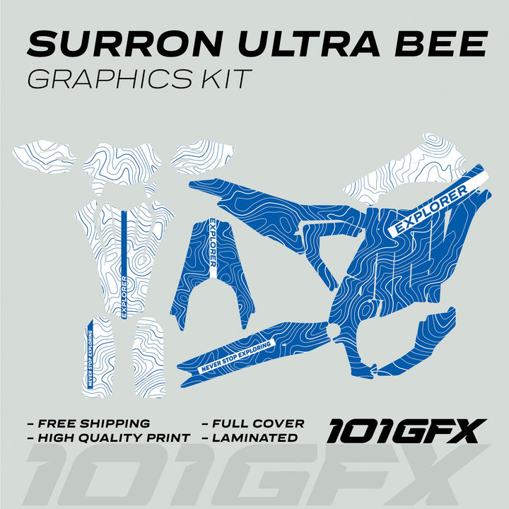 Surron Ultra Bee Graphics Kit EXPLORER BLUE WHITE Explore Altitude Decals Stickers Laminated eBike Sur-Ron Ultra Decals Wrap Protection
