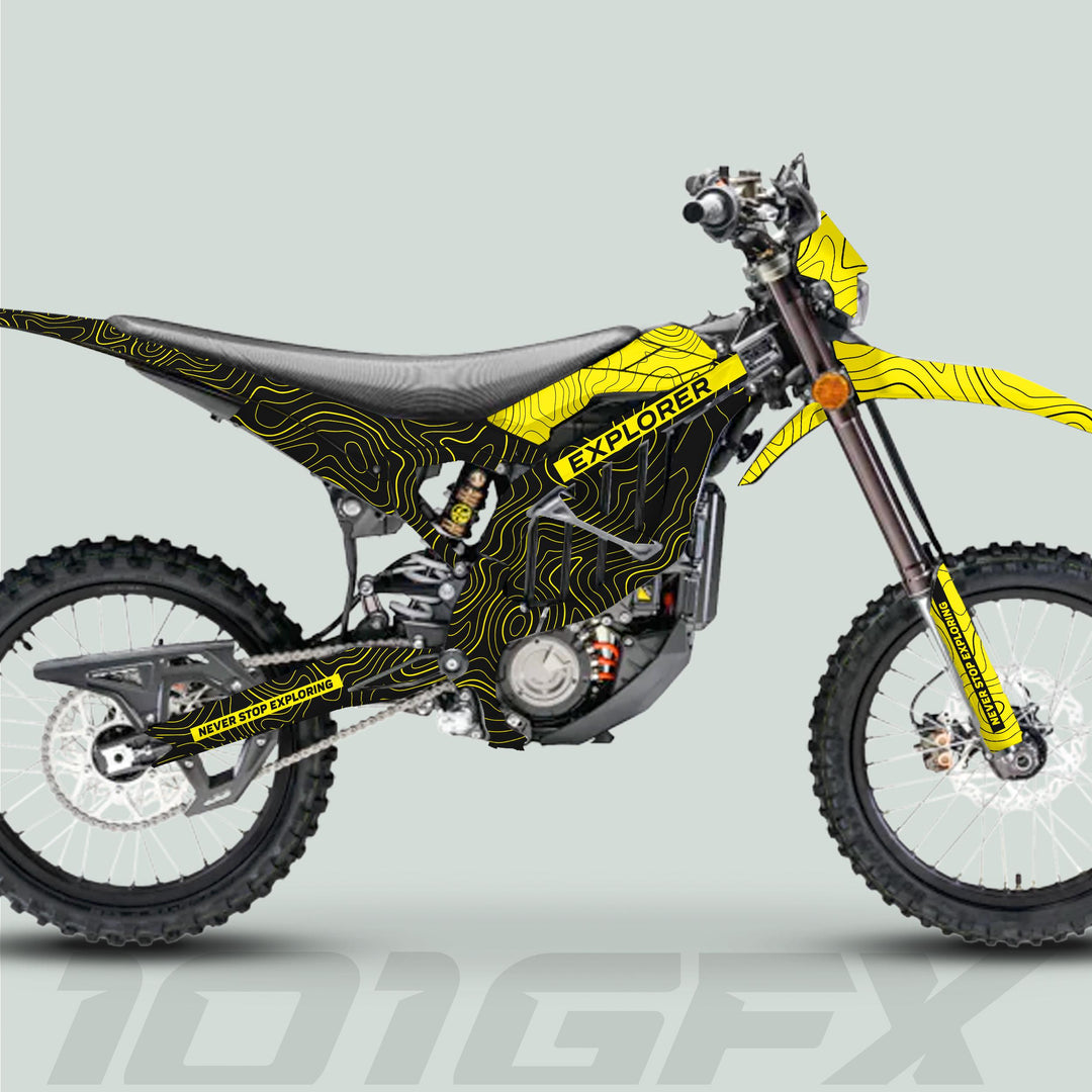 Surron Ultra Bee Graphics Kit EXPLORER BLACK YELLOWExplore Altitude Decals Stickers Laminated eBike Sur-Ron Ultra Decals Wrap Protection