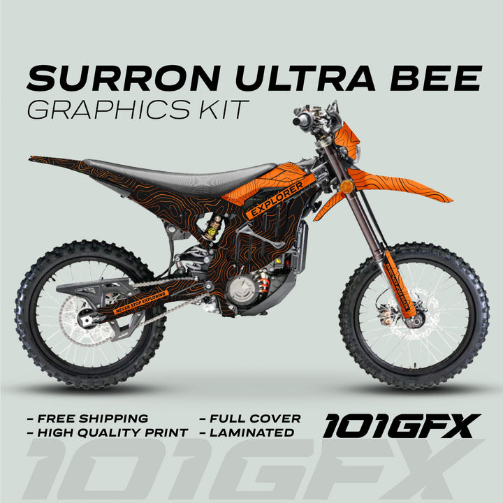 Surron Ultra Bee Graphics Kit EXPLORER BLACK ORANGE Explore Altitude Decals Stickers Laminated eBike Sur-Ron Ultra Decals Wrap Protection