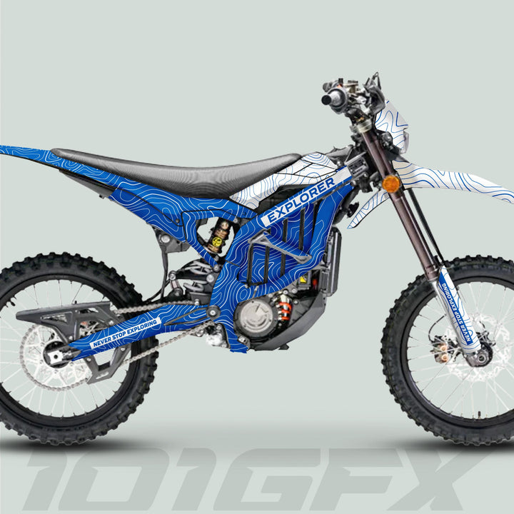 Surron Ultra Bee Graphics Kit EXPLORER BLUE WHITE Explore Altitude Decals Stickers Laminated eBike Sur-Ron Ultra Decals Wrap Protection