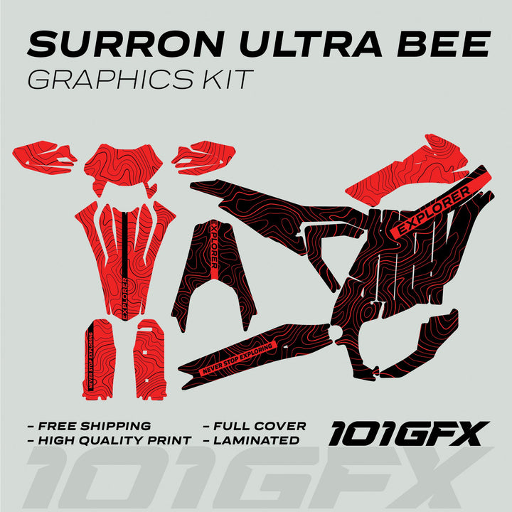 Surron Ultra Bee Graphics Kit EXPLORER BLACK RED Explore Altitude Decals Stickers Laminated eBike Sur-Ron Ultra Decals Wrap Protection