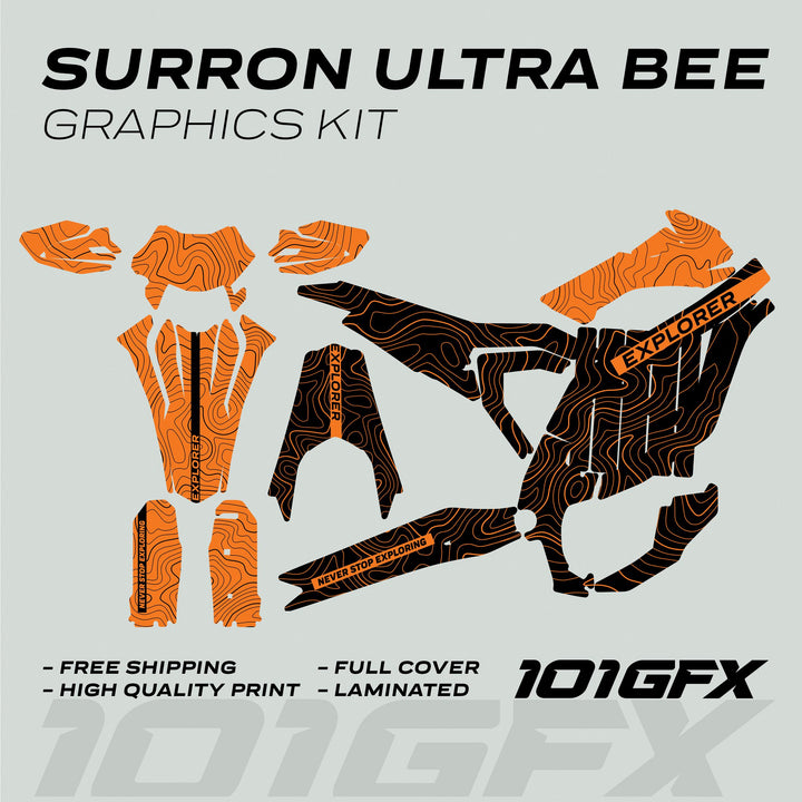 Surron Ultra Bee Graphics Kit EXPLORER BLACK ORANGE Explore Altitude Decals Stickers Laminated eBike Sur-Ron Ultra Decals Wrap Protection