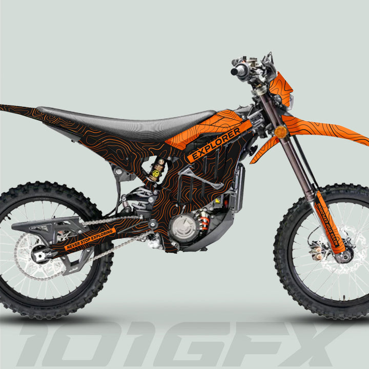 Surron Ultra Bee Graphics Kit EXPLORER BLACK ORANGE Explore Altitude Decals Stickers Laminated eBike Sur-Ron Ultra Decals Wrap Protection