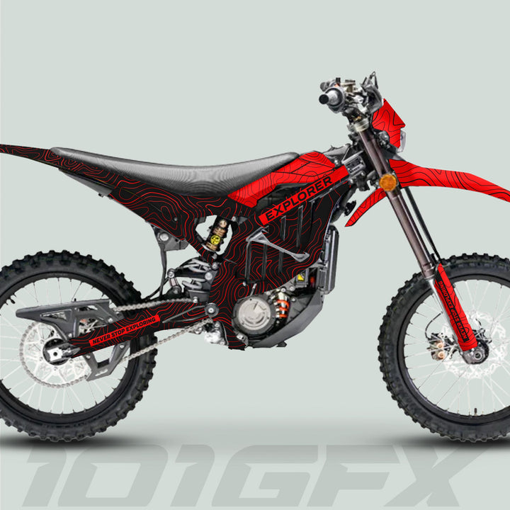 Surron Ultra Bee Graphics Kit EXPLORER BLACK RED Explore Altitude Decals Stickers Laminated eBike Sur-Ron Ultra Decals Wrap Protection