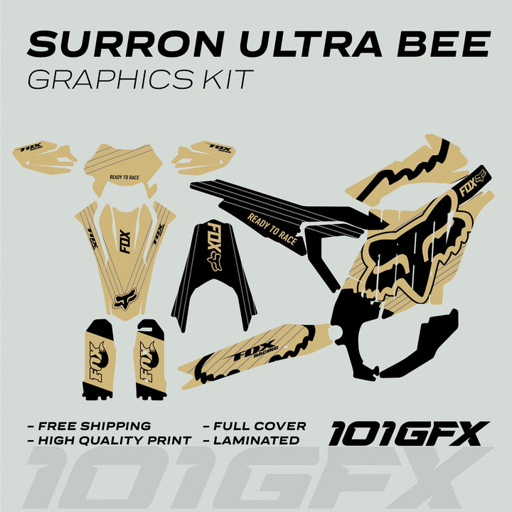 Surron Ultra Bee Graphics Kit FOX STRIPES Sand Black Decals Stickers Laminated Fox Racing eBike Sur-Ron Ultra Decals Wrap Protection