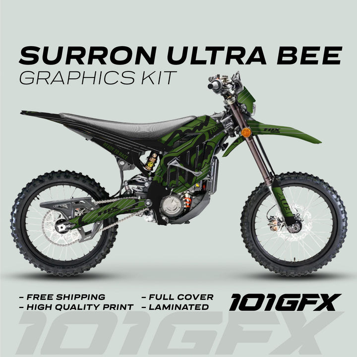 Surron Ultra Bee Graphics Kit FOX STRIPES Moss Black Decals Stickers Laminated Fox Racing eBike Sur-Ron Ultra Decals Wrap Protection
