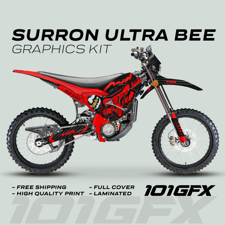 Surron Ultra Bee Graphics Kit FOX STRIPES Black Red Decals Stickers Laminated Fox Racing eBike Sur-Ron Ultra Decals Wrap Protection
