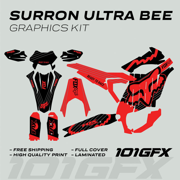 Surron Ultra Bee Graphics Kit FOX STRIPES Black Red Decals Stickers Laminated Fox Racing eBike Sur-Ron Ultra Decals Wrap Protection