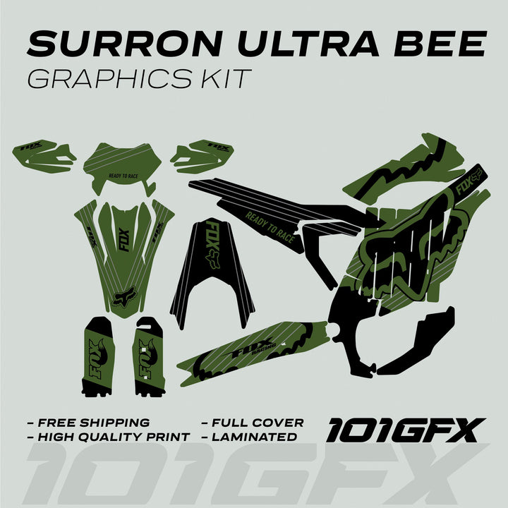 Surron Ultra Bee Graphics Kit FOX STRIPES Moss Black Decals Stickers Laminated Fox Racing eBike Sur-Ron Ultra Decals Wrap Protection