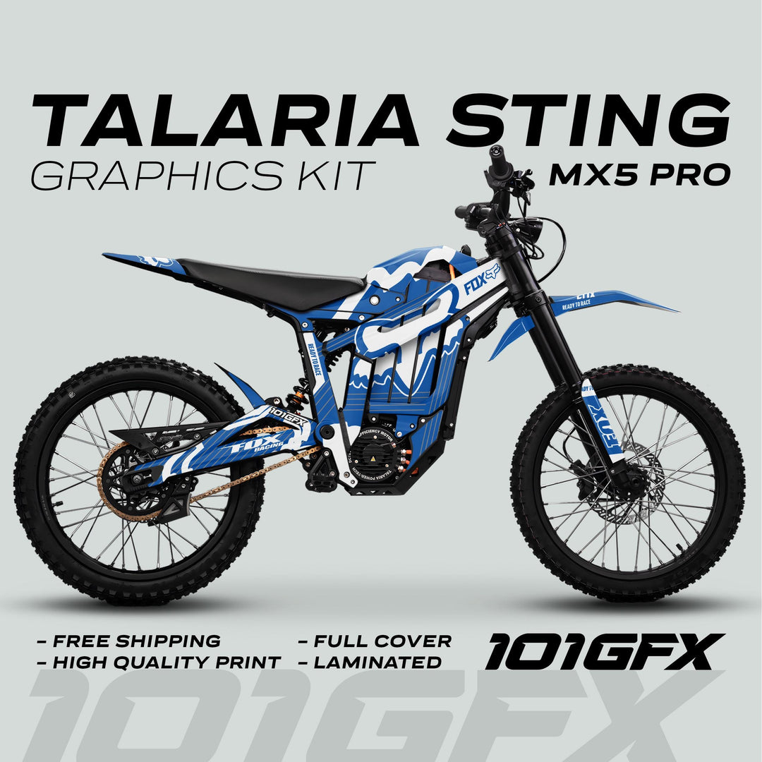 Talaria Sting MX5 PRO Graphics Kit FOX STRIPES Blue White Decals