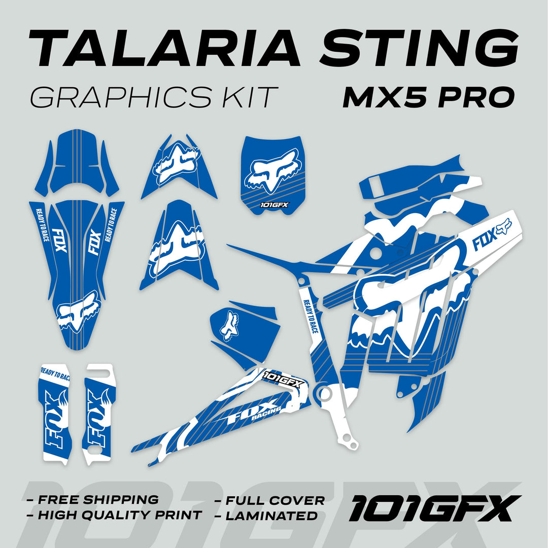 Talaria Sting MX5 PRO Graphics Kit FOX STRIPES Blue White Decals