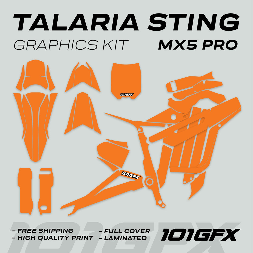 Talaria Sting MX5 PRO Graphics Kit SOLID COLOR Orange Decals showing cut-to-shape panels with branding and features like free shipping and high-quality print.