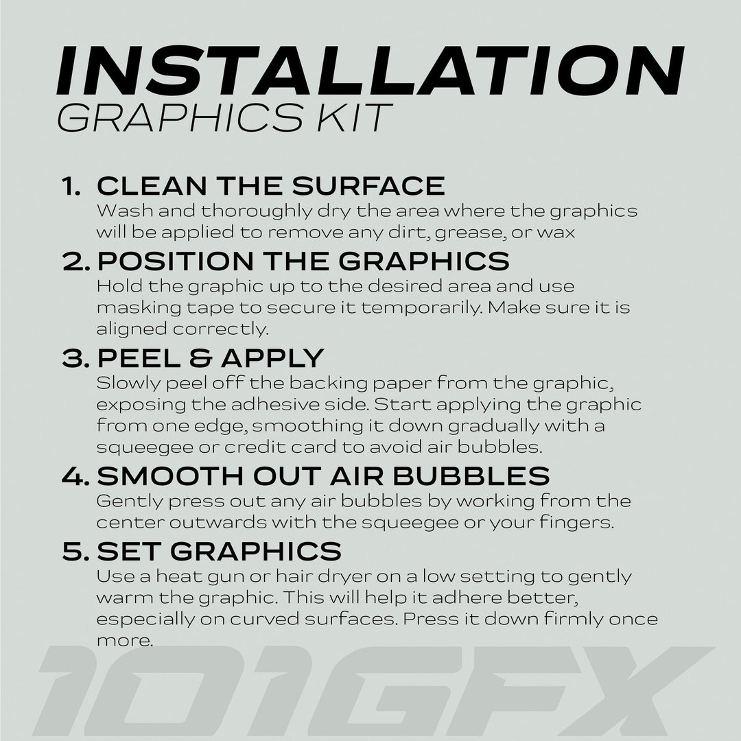 Instruction sheet for applying Talaria Sting MX5 PRO Graphics Kit SOLID COLOR Orange Decals, outlining five steps for cleaning, positioning, applying, smoothing, and setting.