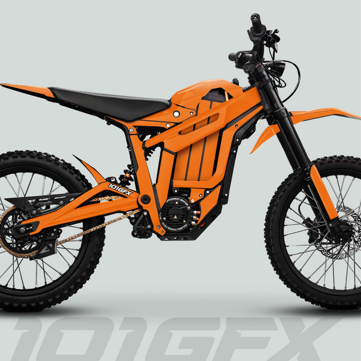 Talaria Sting MX5 PRO Graphics Kit SOLID COLOR Orange Decals on a modern electric off-road motorcycle, featuring full suspension and knobby tires.