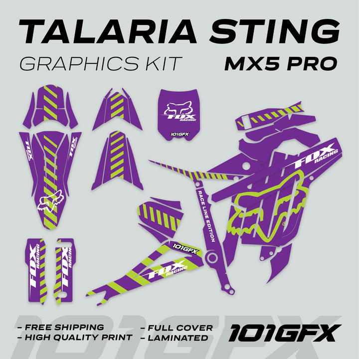 Talaria Sting MX5 PRO Graphics Kit FOX RACELINE Purple Green Decals