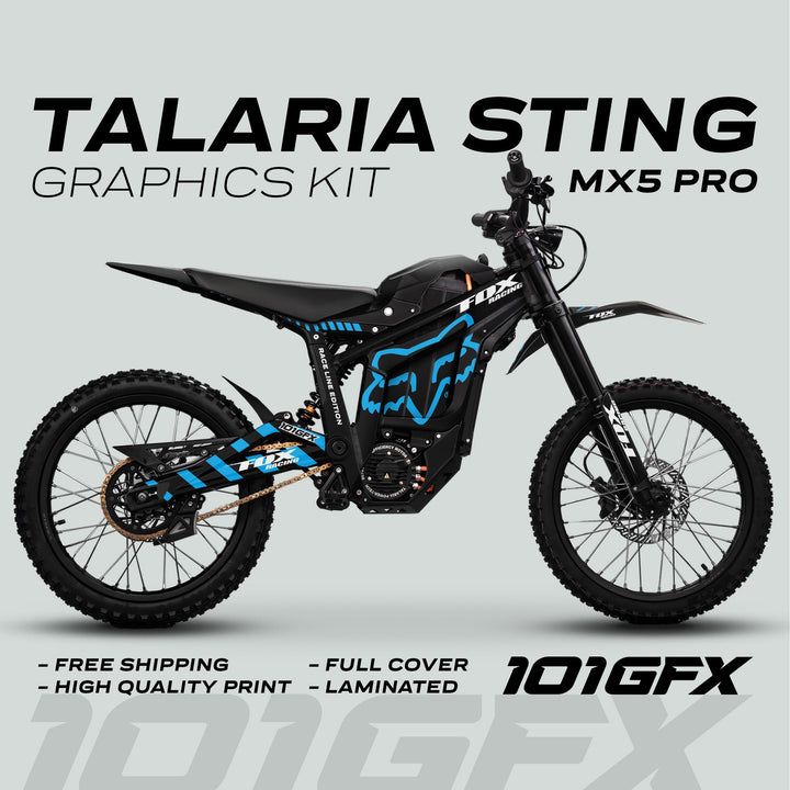 Talaria Sting MX5 PRO Graphics Kit FOX RACELINE Black Cyan Decals