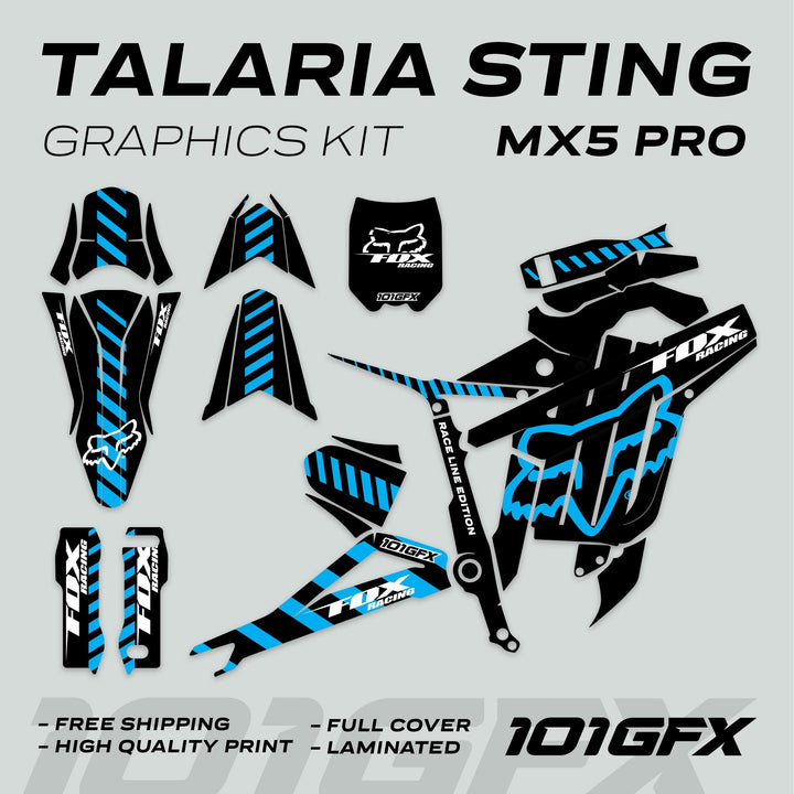 Talaria Sting MX5 PRO Graphics Kit FOX RACELINE Black Cyan Decals