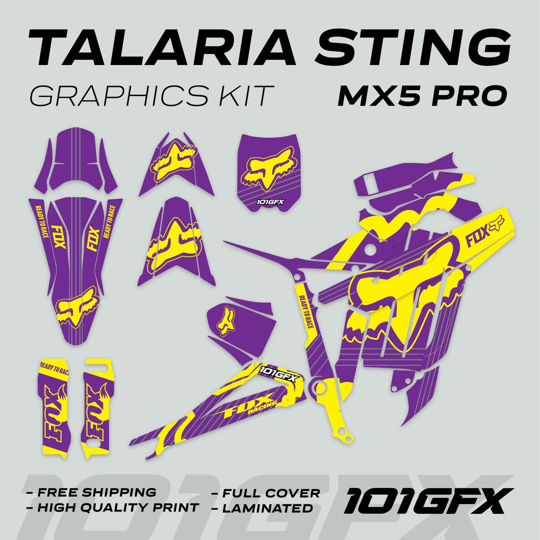 Talaria Sting MX5 PRO Graphics Kit FOX STRIPES Purple Yellow Decals