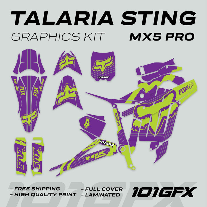 Talaria Sting MX5 PRO Graphics Kit FOX STRIPES Purple Green Decals