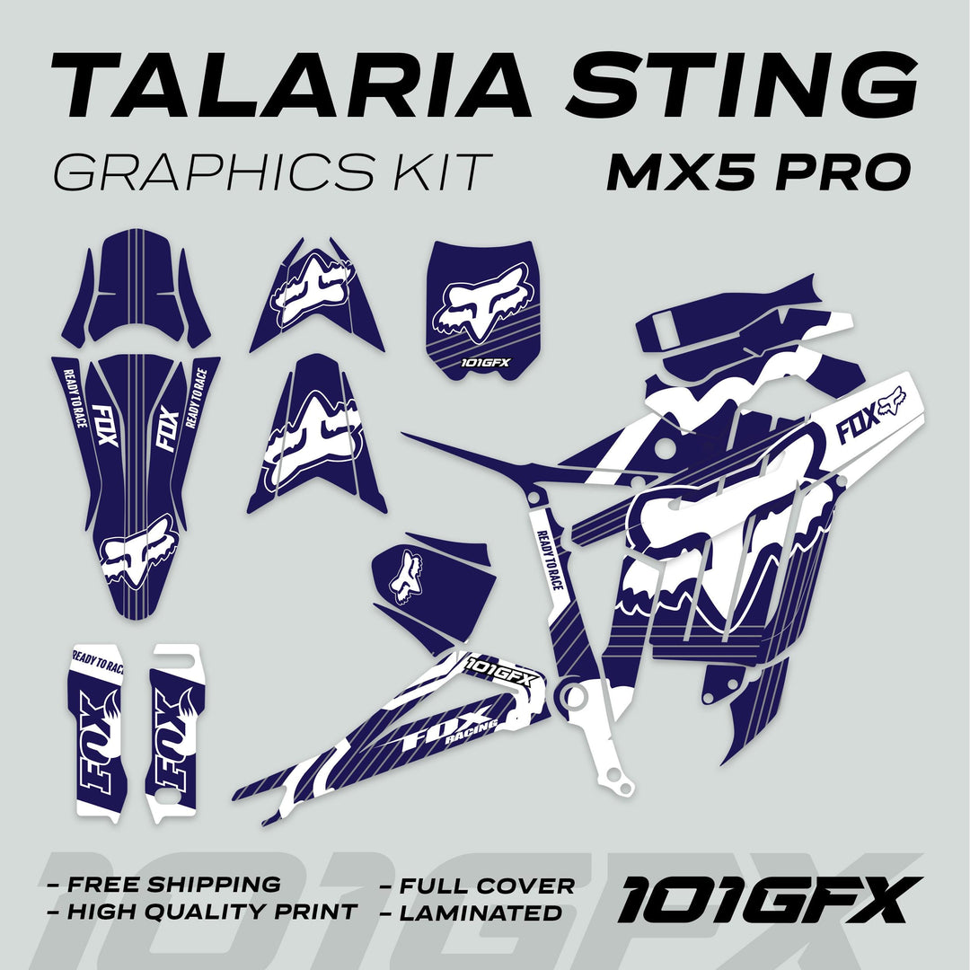 Talaria Sting MX5 PRO Graphics Kit FOX STRIPES Navy White Decals
