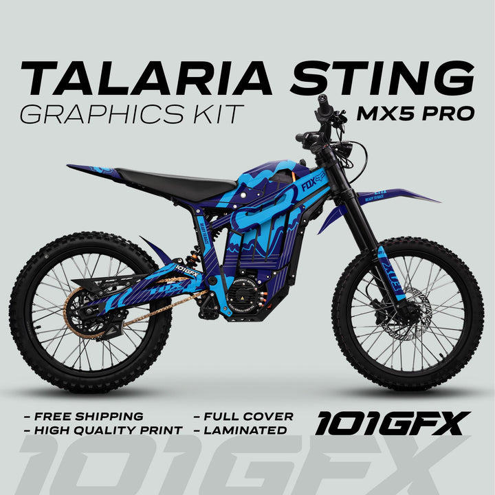Talaria Sting MX5 PRO Graphics Kit FOX STRIPES Navy Cyan Decals