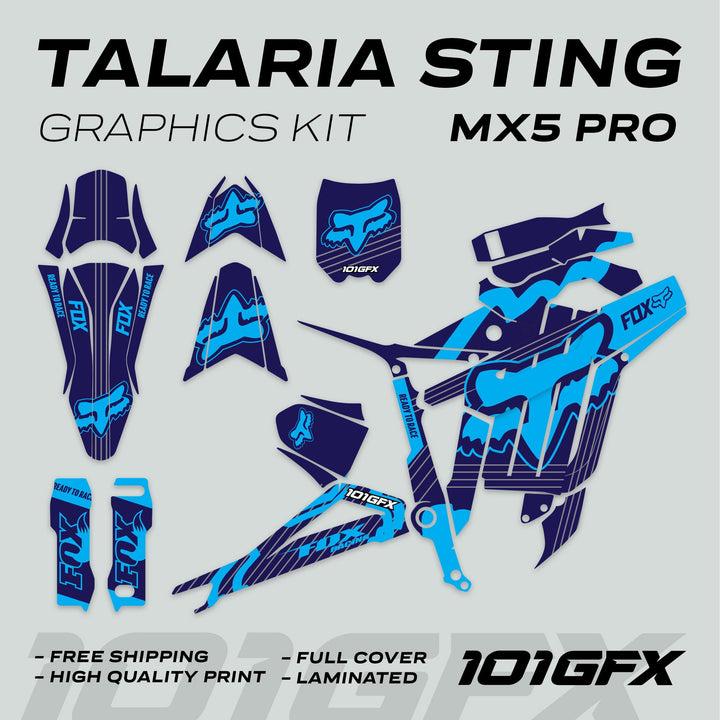 Talaria Sting MX5 PRO Graphics Kit FOX STRIPES Navy Cyan Decals