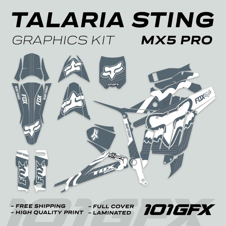 Talaria Sting MX5 PRO Graphics Kit FOX STRIPES Grey White Decals