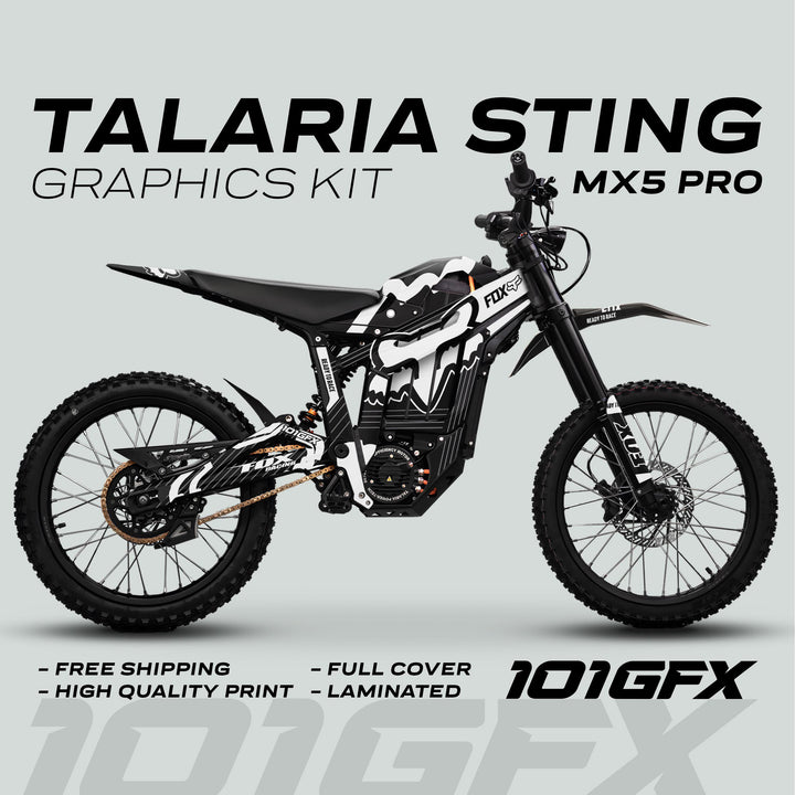Talaria Sting MX5 PRO Graphics Kit FOX STRIPES Black White Decals
