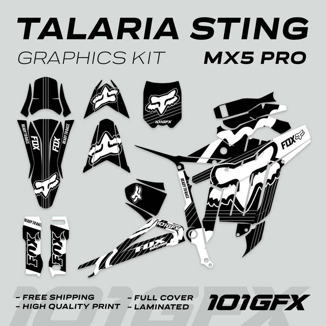 Talaria Sting MX5 PRO Graphics Kit FOX STRIPES Black White Decals