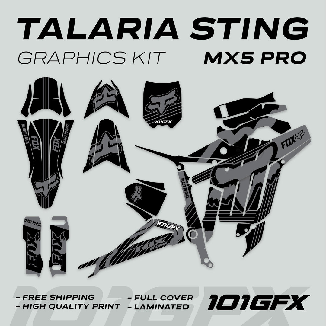 Talaria Sting MX5 PRO Graphics Kit FOX STRIPES Black Grey Decals