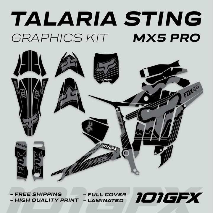 Talaria Sting MX5 PRO Graphics Kit FOX STRIPES Black Grey Decals
