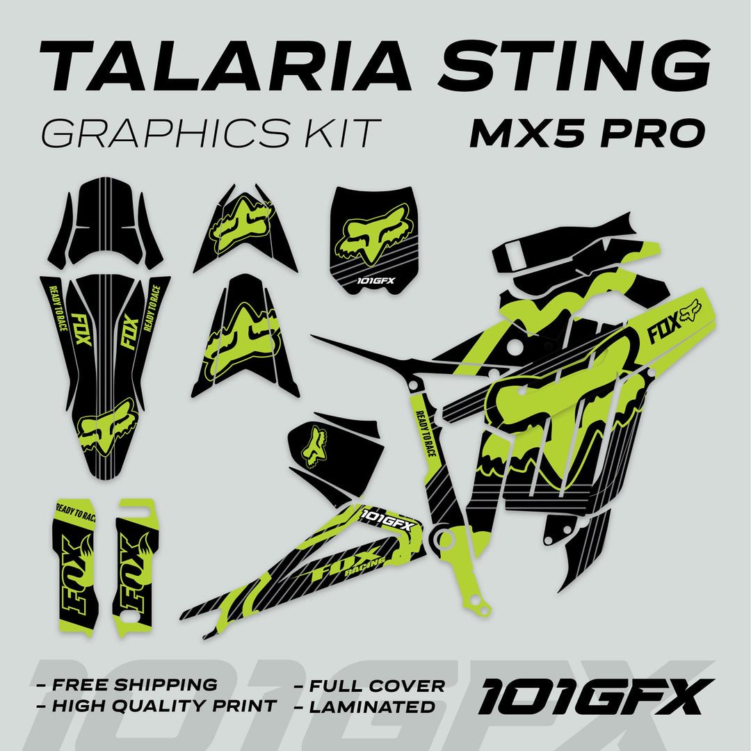 Talaria Sting MX5 PRO Graphics Kit FOX STRIPES Black Green Decals