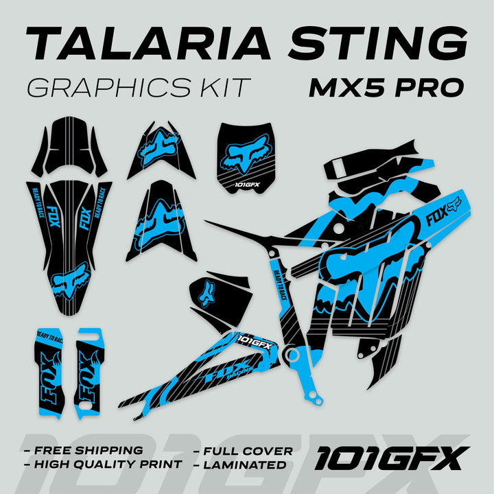 Talaria Sting MX5 PRO Graphics Kit FOX STRIPES Black Cyan Decals