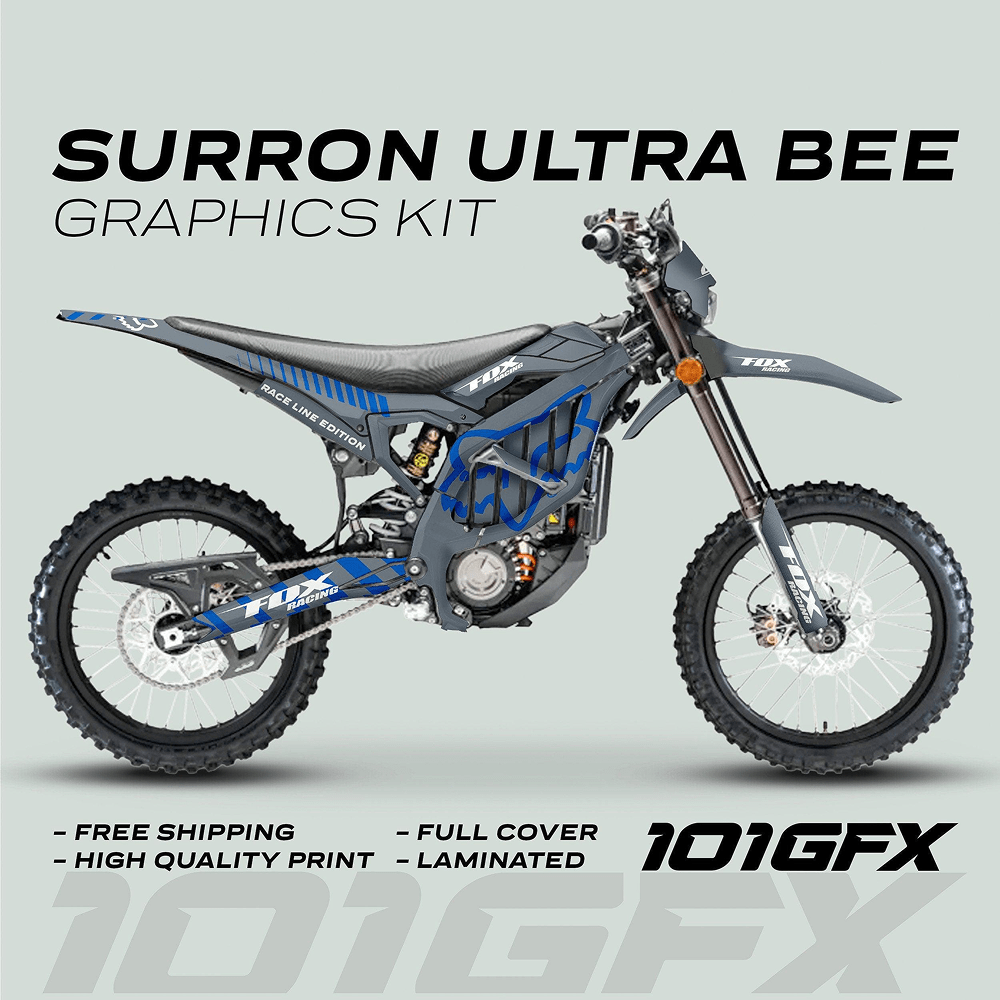 Surron Ultra Bee Graphics Kit FOX RACE LINE grey blue full coverage decals with durable laminated print