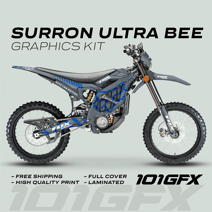 Surron Ultra Bee Graphics Kit FOX RACE LINE grey blue full coverage decals with durable laminated print