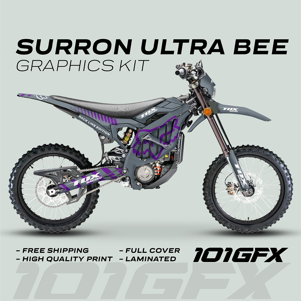 Surron Ultra Bee dirt bike with Grey Purple FOX RACE LINE graphics kit and decals