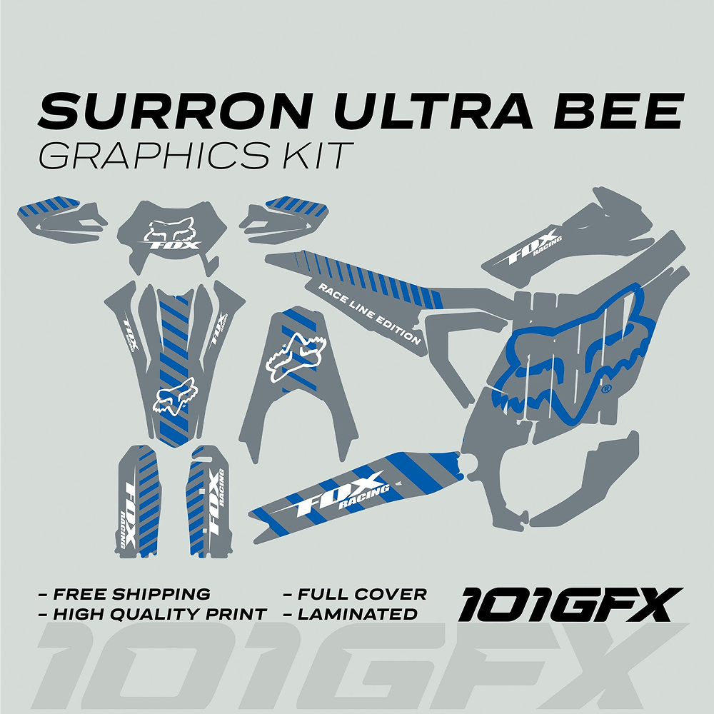 Surron Ultra Bee Graphics Kit FOX RACE LINE grey blue full coverage decals with durable laminated print