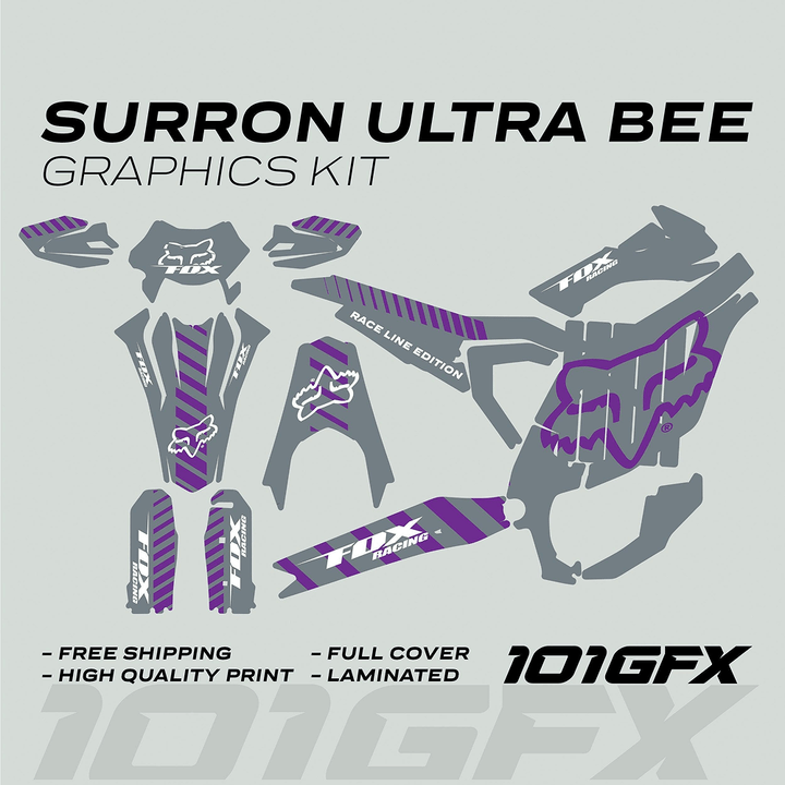 Surron Ultra Bee Grey Purple FOX RACE LINE graphics kit with durable vinyl decals and full cover design